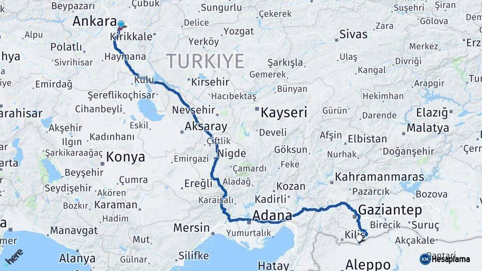 Ankara Elbeyli Kilis Arası Kaç Km - Yol Haritası