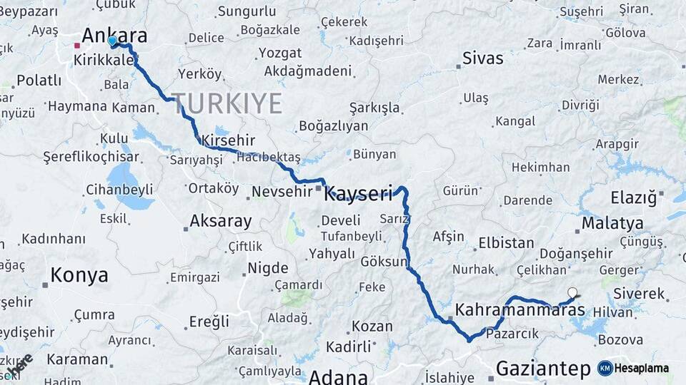 Ankara Elmadağ Adıyaman Arası Kaç Km - Yol Haritası