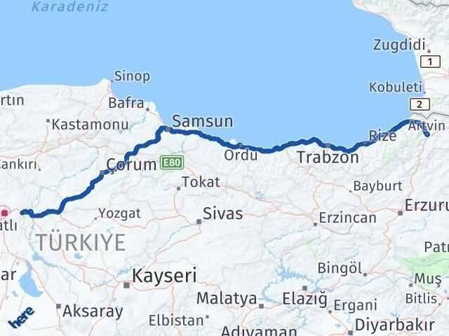 Ankara Elmadağ Artvin Arası Kaç Km - Yol Haritası