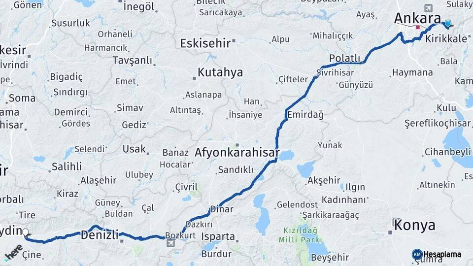 Ankara Elmadağ Aydın Arası Kaç Km - Yol Haritası
