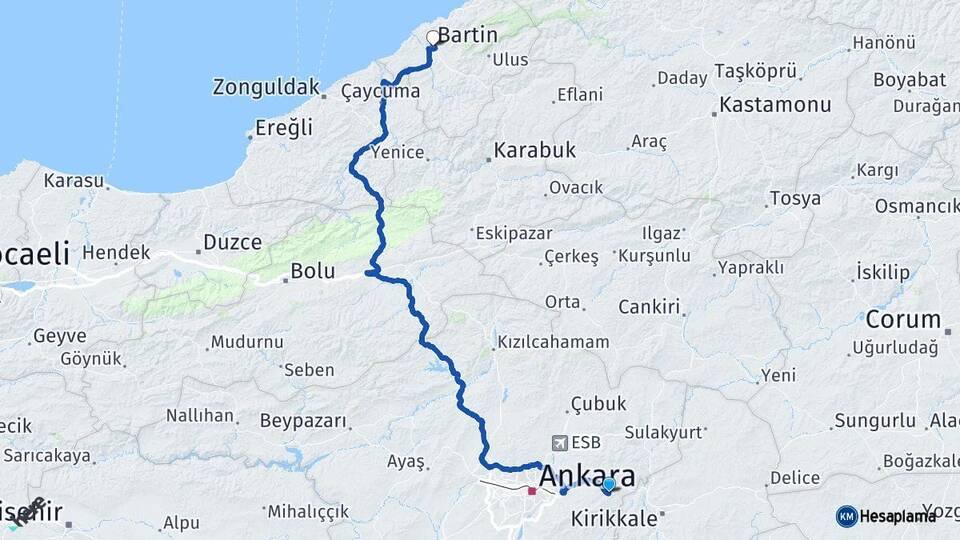 Ankara Elmadağ Bartın Arası Kaç Km - Yol Haritası