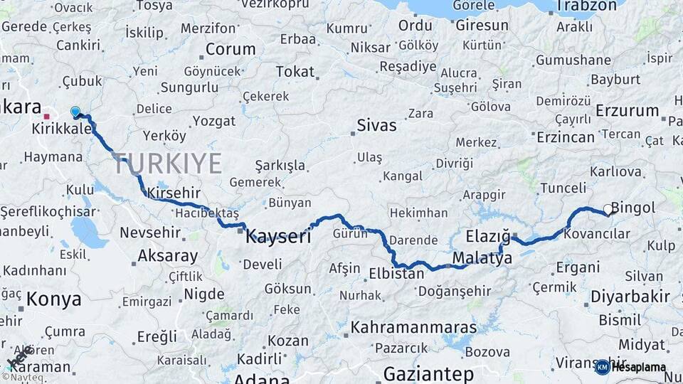 Ankara Elmadağ Bingöl Arası Kaç Km - Yol Haritası