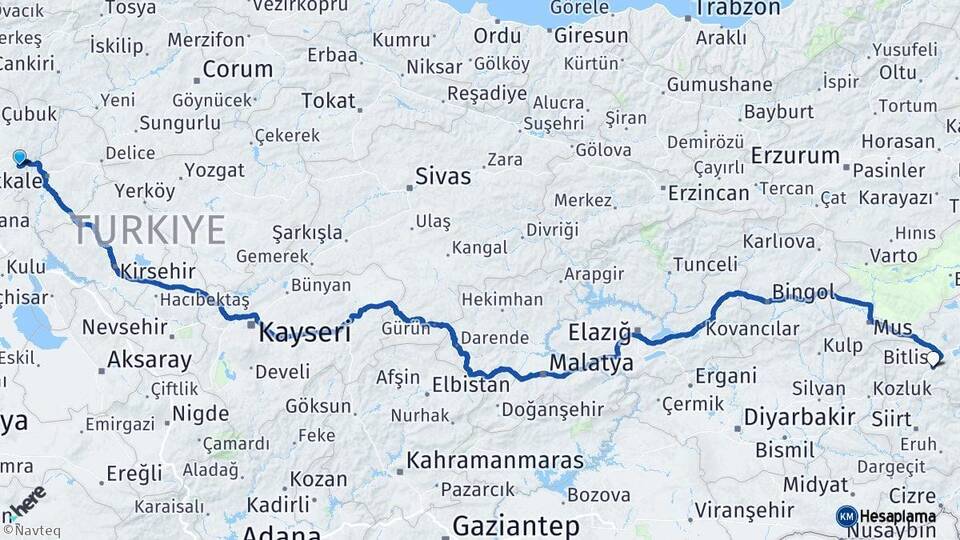 Ankara Elmadağ Bitlis Arası Kaç Km - Yol Haritası