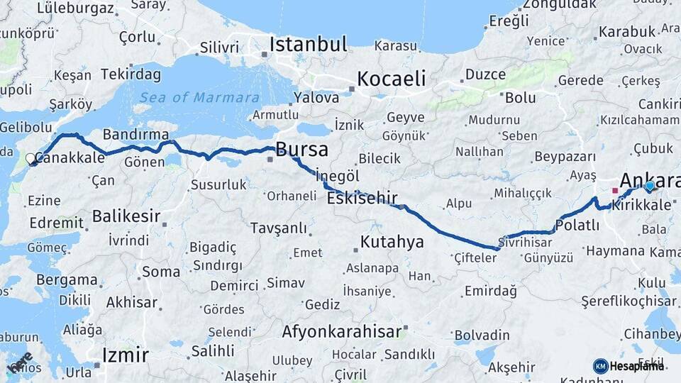 Ankara Elmadağ Çanakkale Arası Kaç Km - Yol Haritası