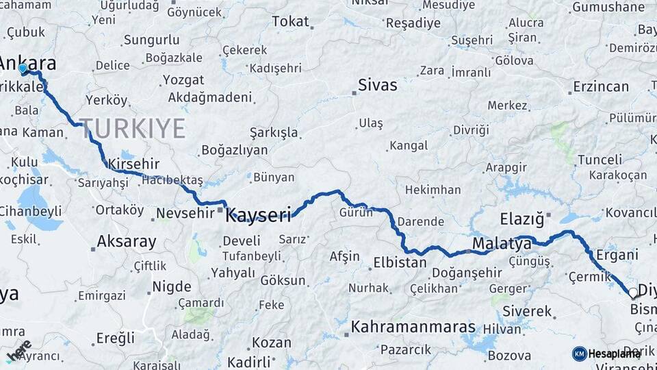 Ankara Elmadağ Diyarbakır Arası Kaç Km - Yol Haritası