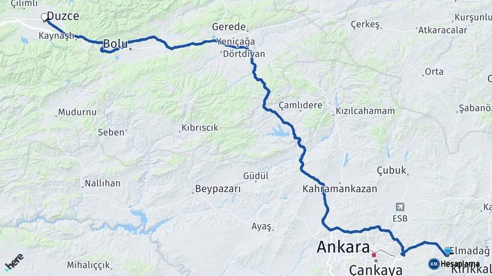 Ankara Elmadağ Düzce Arası Kaç Km - Yol Haritası
