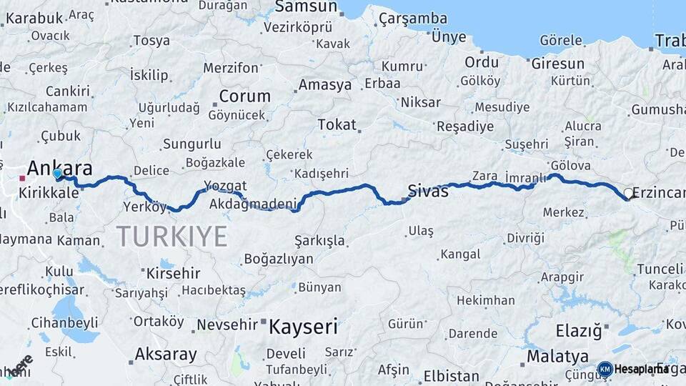 Ankara Elmadağ Erzincan Arası Kaç Km - Yol Haritası