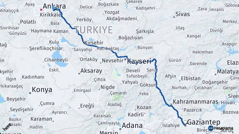 Ankara Elmadağ Gaziantep Arası Kaç Km - Yol Haritası