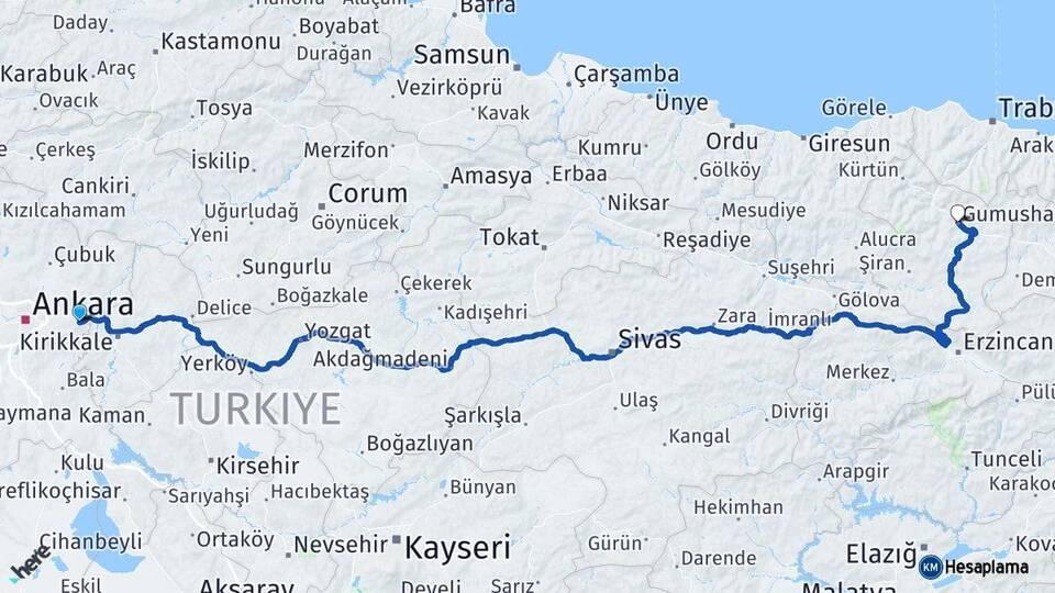 Ankara Elmadağ Gümüşhane Arası Kaç Km - Yol Haritası