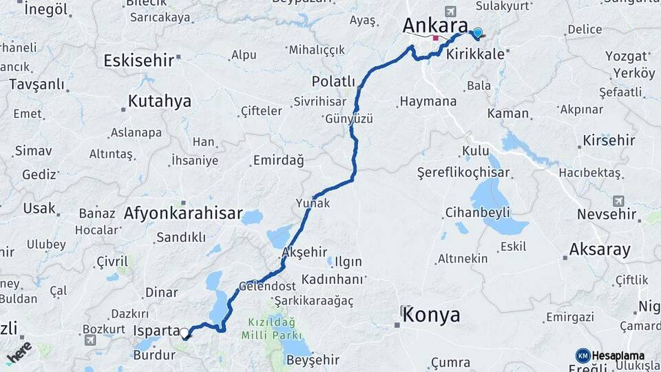 Ankara Elmadağ Isparta Arası Kaç Km - Yol Haritası