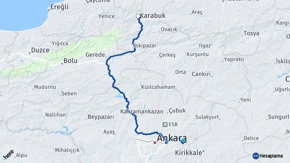 Ankara Elmadağ Karabük Arası Kaç Km - Yol Haritası
