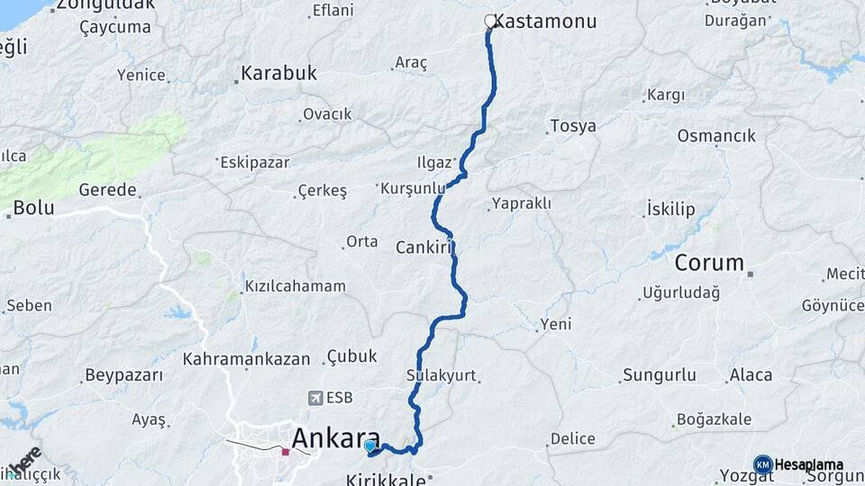 Ankara Elmadağ Kastamonu Arası Kaç Km - Yol Haritası