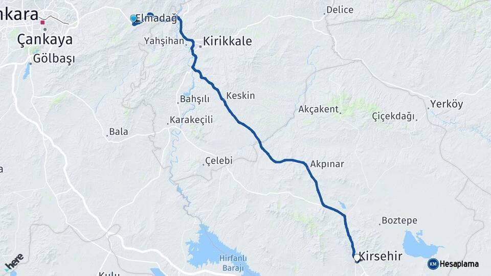 Ankara Elmadağ Kırşehir Arası Kaç Km - Yol Haritası