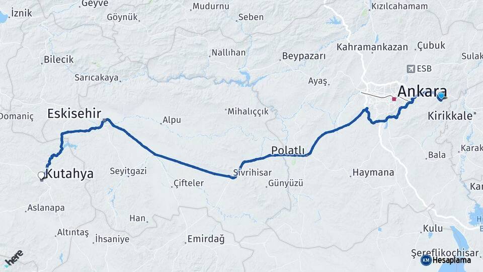 Ankara Elmadağ Kütahya Arası Kaç Km - Yol Haritası