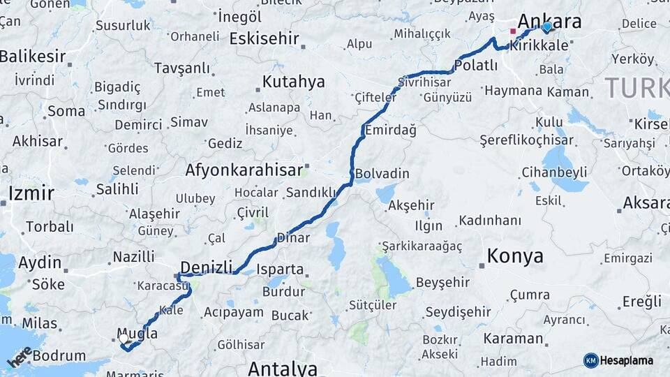 Ankara Elmadağ Muğla Arası Kaç Km - Yol Haritası
