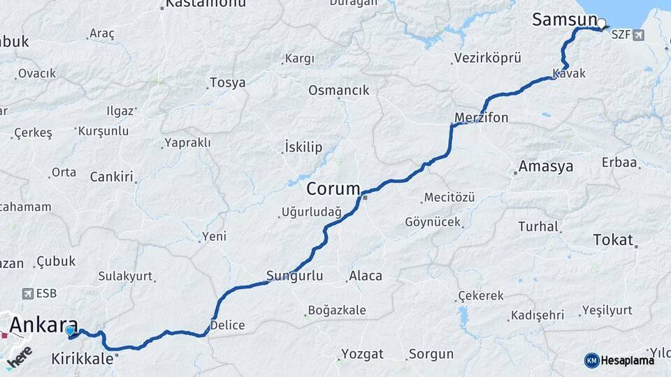 Ankara Elmadağ Samsun Arası Kaç Km - Yol Haritası