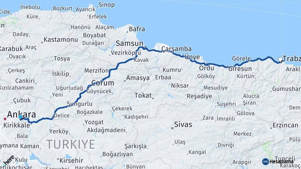 Ankara Elmadağ Trabzon Arası Kaç Km - Yol Haritası