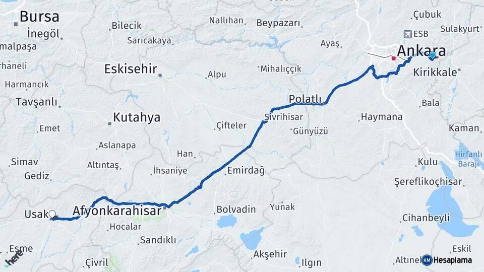 Ankara Elmadağ Uşak Arası Kaç Km - Yol Haritası