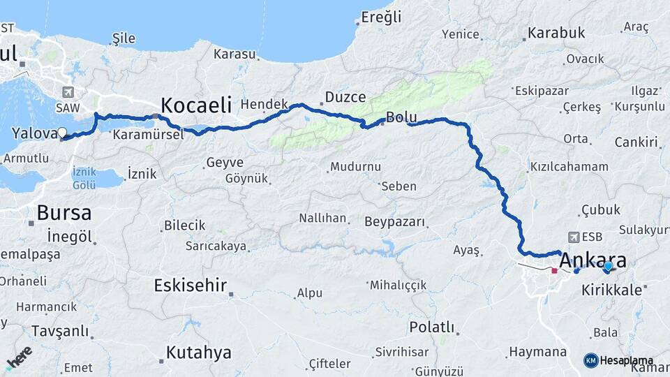 Ankara Elmadağ Yalova Arası Kaç Km - Yol Haritası