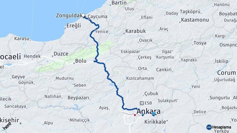 Ankara Elmadağ Zonguldak Arası Kaç Km - Yol Haritası