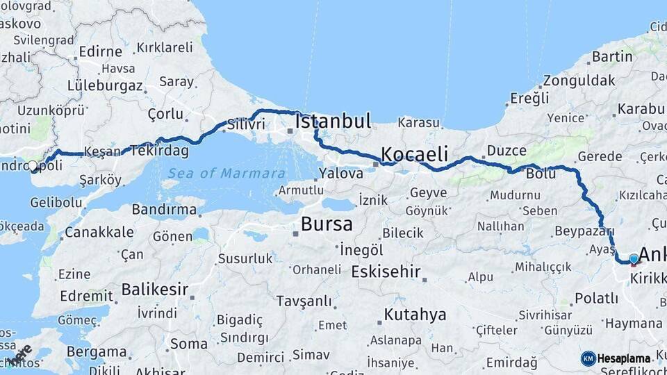 Ankara Enez Edirne Arası Kaç Km - Yol Haritası