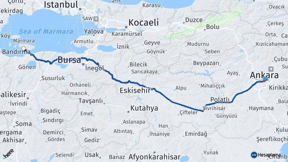 Ankara Erdek Balıkesir Arası Kaç Km - Yol Haritası