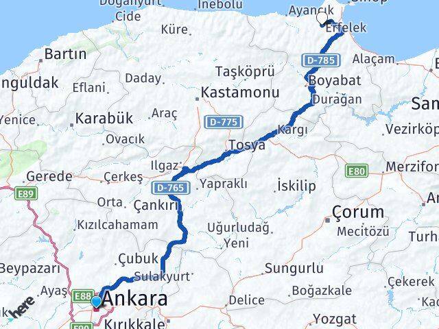 Ankara Erfelek Sinop Arası Kaç Km - Yol Haritası