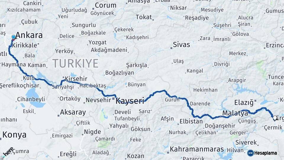 Ankara Ergani Diyarbakır Arası Kaç Km - Yol Haritası