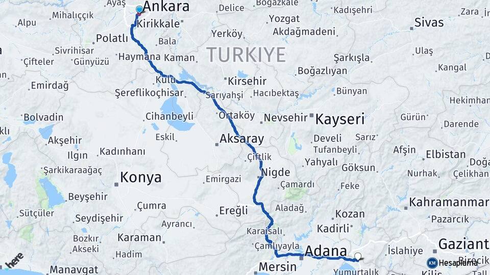 Ankara Erzin Hatay Arası Kaç Km - Yol Haritası