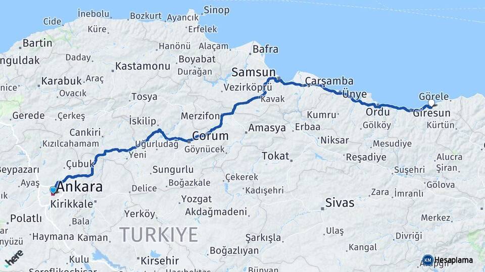 Ankara Espiye Giresun Arası Kaç Km - Yol Haritası