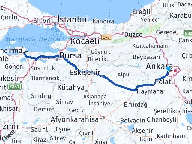 Ankara Etimesgut Bağlıca Bandırma Balıkesir Arası Kaç Km - Yol Haritası