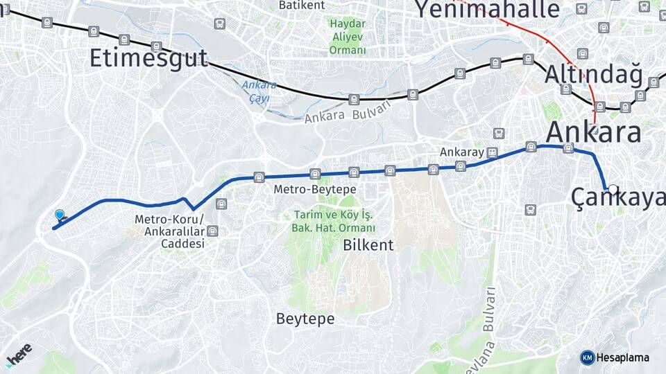 Ankara Etimesgut Bağlıca Çankaya Arası Kaç Km - Yol Haritası