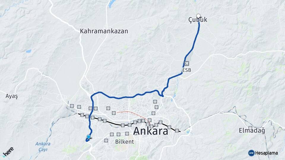 Ankara Etimesgut Bağlıca Çubuk Arası Kaç Km - Yol Haritası