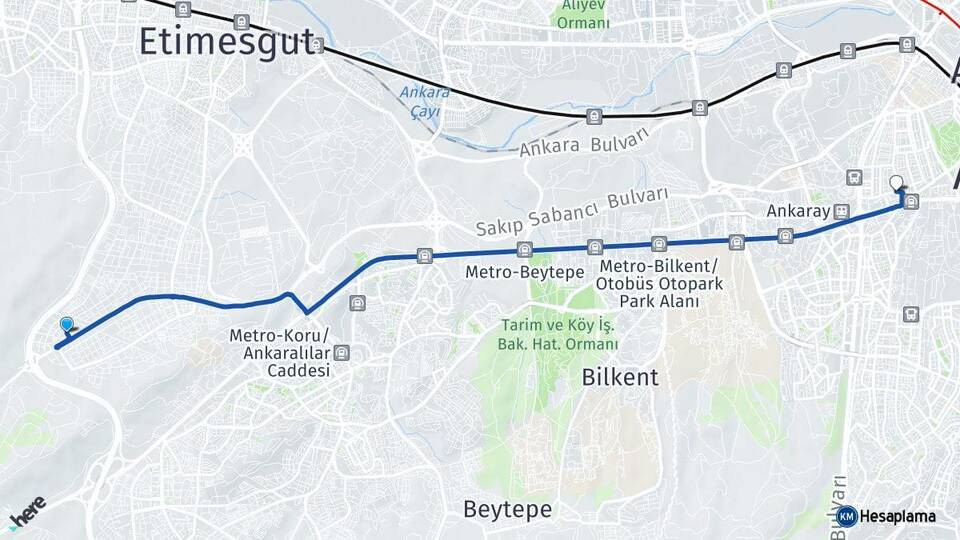 Ankara Etimesgut Bağlıca Emek Çankaya Arası Kaç Km - Yol Haritası