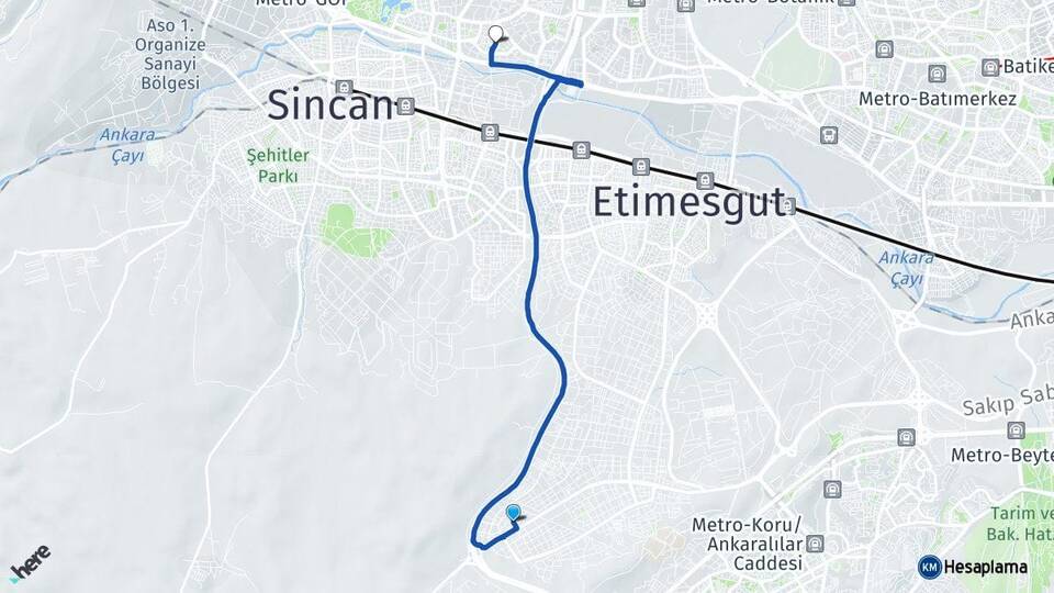 Ankara Etimesgut Bağlıca Eryaman Etimesgut Arası Kaç Km - Yol Haritası