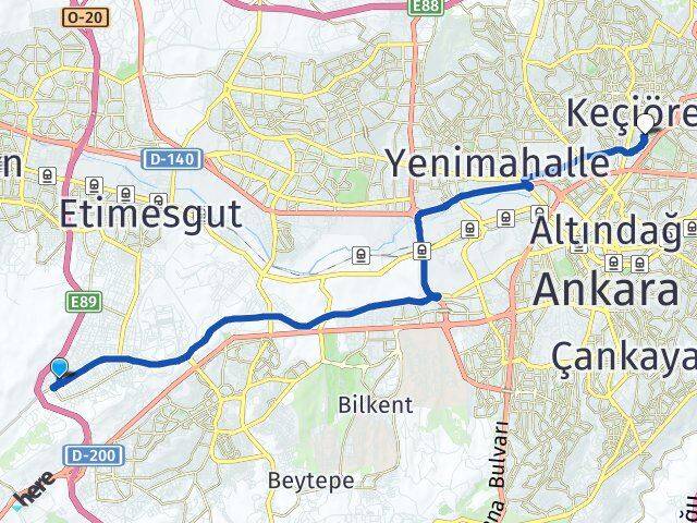 Ankara Etimesgut Bağlıca Kavacık Subayevleri Keçiören Arası Kaç Km - Yol Haritası