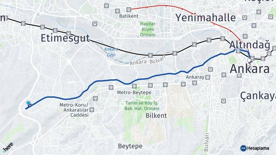 Ankara Etimesgut Bağlıca Kızılay Çankaya Arası Kaç Km - Yol Haritası