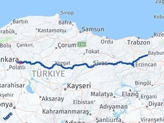 Ankara Etimesgut Bayburt Arası Kaç Km - Yol Haritası