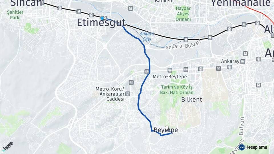 Ankara Etimesgut Beytepe Çankaya Arası Kaç Km - Yol Haritası