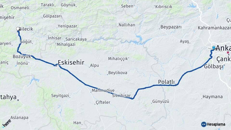 Ankara Etimesgut Bilecik Arası Kaç Km - Yol Haritası