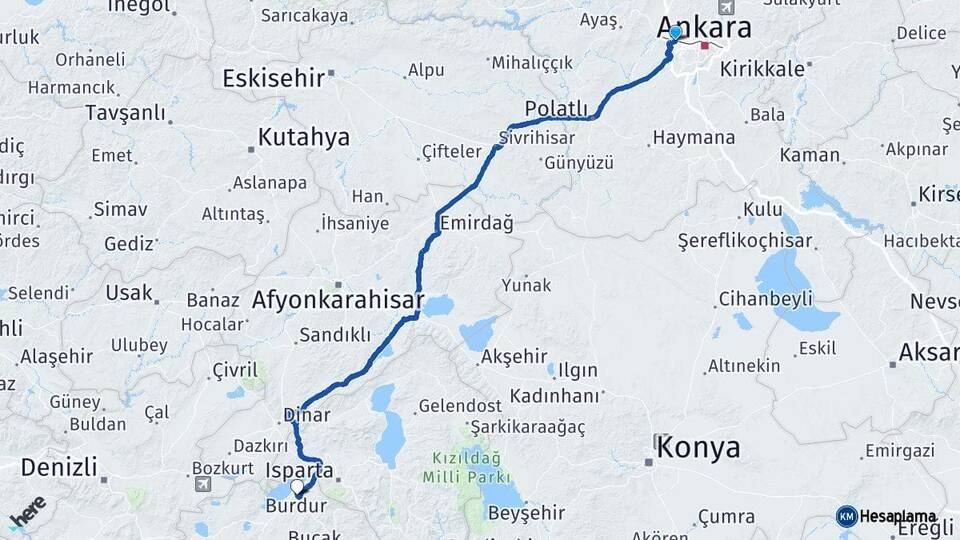 Ankara Etimesgut Burdur Arası Kaç Km - Yol Haritası