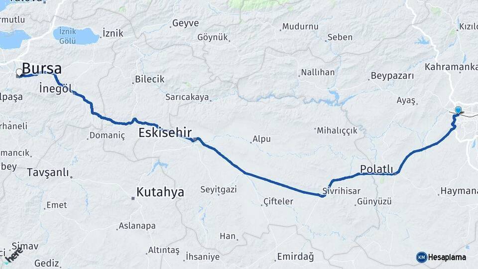 Ankara Etimesgut Bursa Arası Kaç Km - Yol Haritası
