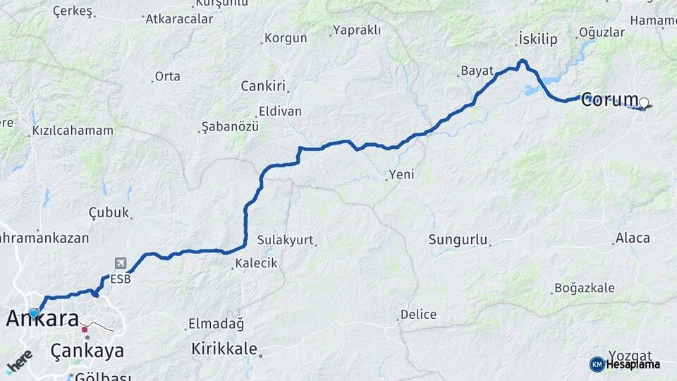 Ankara Etimesgut Çorum Arası Kaç Km - Yol Haritası