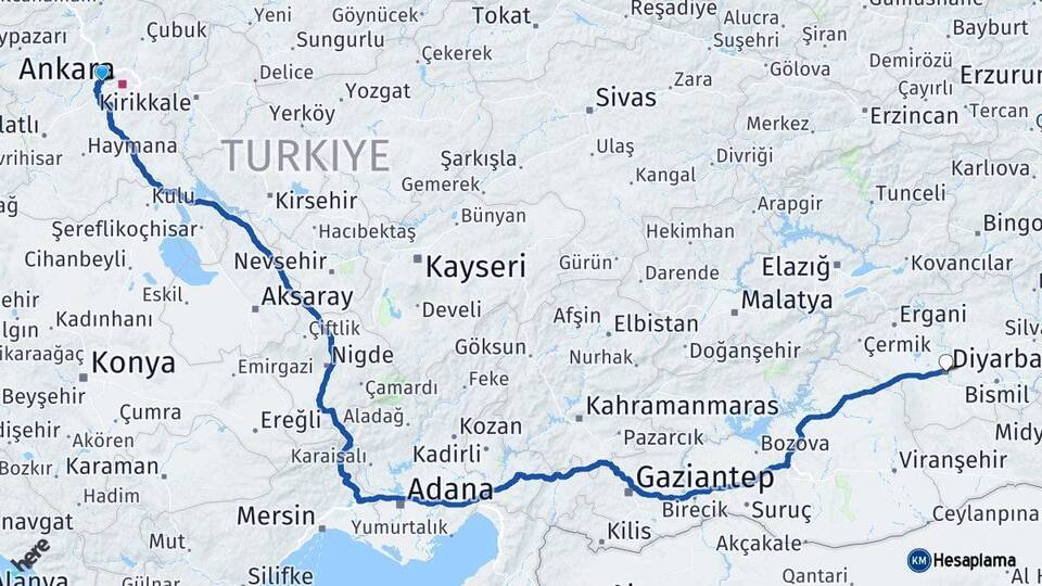 Ankara Etimesgut Diyarbakır Arası Kaç Km - Yol Haritası