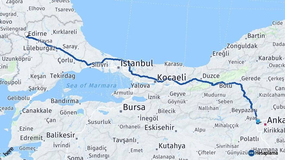 Ankara Etimesgut Edirne Arası Kaç Km - Yol Haritası