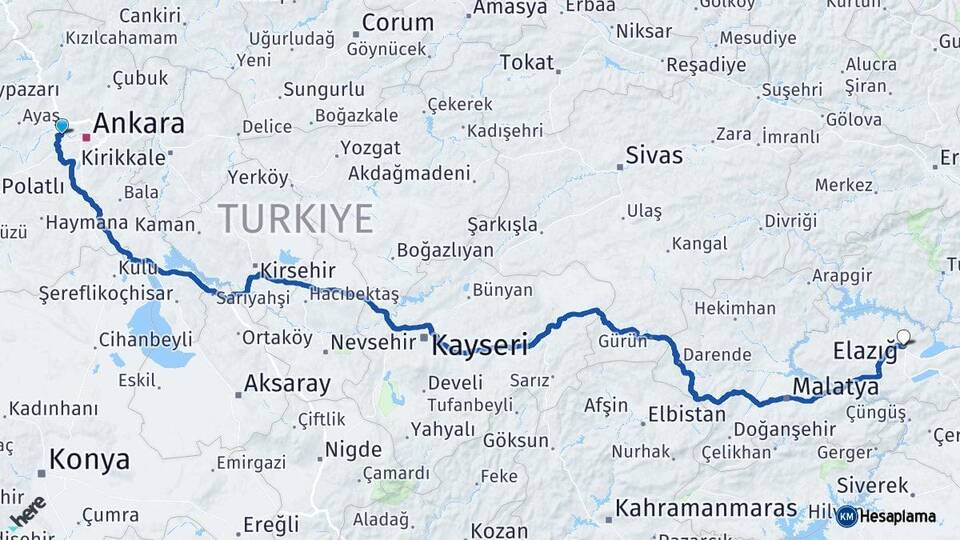Ankara Etimesgut Elazığ Arası Kaç Km - Yol Haritası