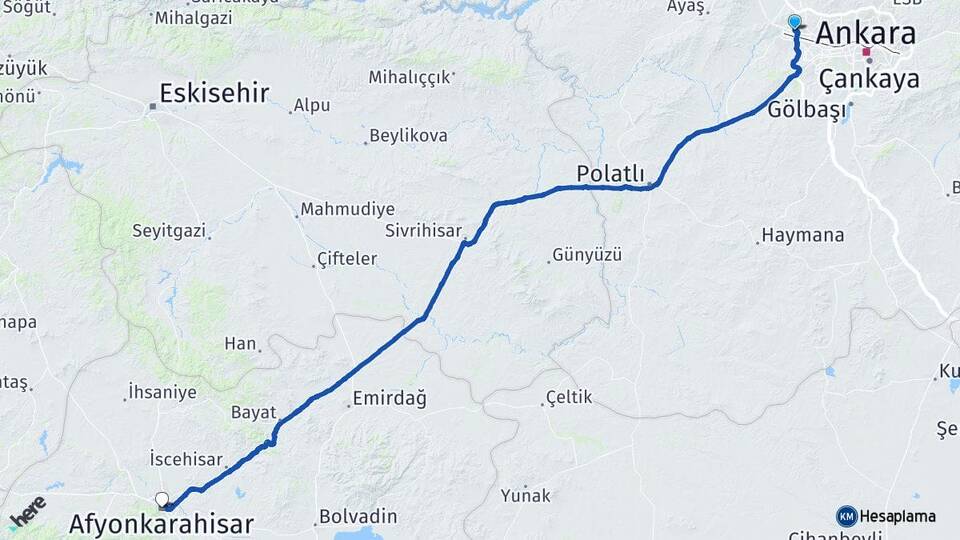 Ankara Etimesgut Eryaman Afyonkarahisar Arası Kaç Km - Yol Haritası
