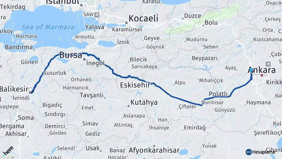 Ankara Etimesgut Eryaman Balıkesir Arası Kaç Km - Yol Haritası