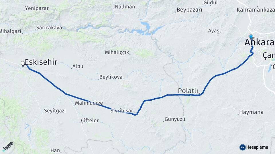 Ankara Etimesgut Eryaman Eskişehir Arası Kaç Km - Yol Haritası