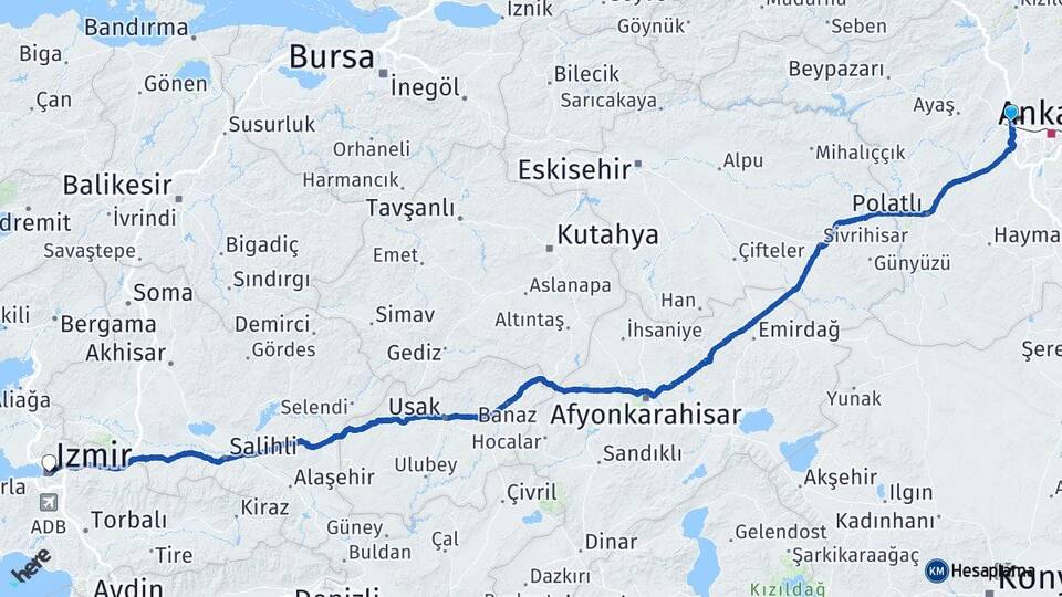 Ankara Etimesgut Eryaman İzmir Arası Kaç Km - Yol Haritası